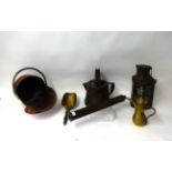 A quantity of various metal ware including a copper coal scuttle, antique copper lantern, kettles,