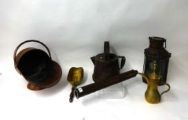 A quantity of various metal ware including a copper coal scuttle, antique copper lantern, kettles,