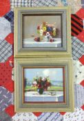 Russian, attributed to Beta Vukanovic, a pair signed miniature oils 'Still Life Flowers and View',