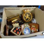 Collection of various ships crest together with wooden inlaid box.