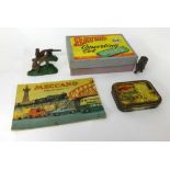 Collection of vintage toys and games including watches, Bayko, plastic figures, miniature cards,