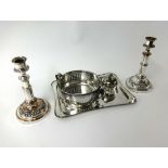 Silver plated wares, candlesticks, tray and desk bell.