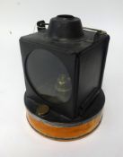 A Railway portable oil lamp, round copper base, embossed Sherwoods Ltd Bham, on wick adjuster