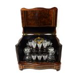 A 19th Century French drink set in burr wood and inlaid cabinet fitted with four decanters and