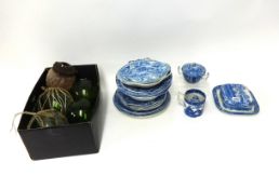 Italian Copeland Spode blue and white dinner wares together with 1930's glass lamp shade, and