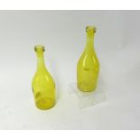 Bristol style glass, a pair of yellow decanter bottles, height 22cm.