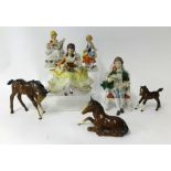 A collection of various porcelain figurines including miniatures and Beswick horses.