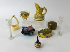 Small cabinet porcelain items, glass ware and enamel objects (12).