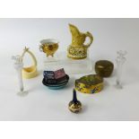 Small cabinet porcelain items, glass ware and enamel objects (12).