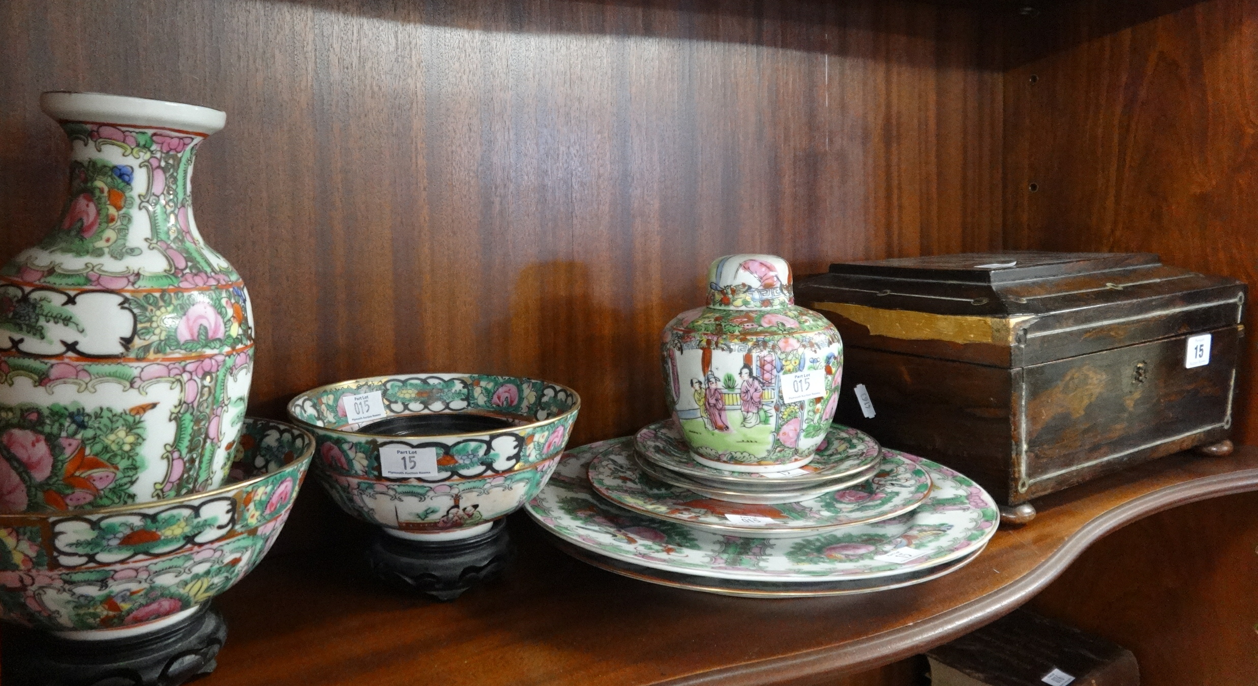 A 19th Century rosewood sewing box together with various Cantonese decorated porcelain bowls, plates