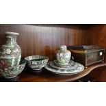 A 19th Century rosewood sewing box together with various Cantonese decorated porcelain bowls, plates