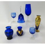 Collection of blue drinking glasses and gilt vases also German gilt glass roamers and Victorian