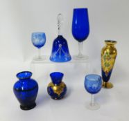 Collection of blue drinking glasses and gilt vases also German gilt glass roamers and Victorian