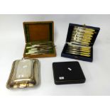 Silver plated entrée dish, mother of pearl handled fish set, cased and two other cased cutlery