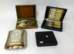 Silver plated entrée dish, mother of pearl handled fish set, cased and two other cased cutlery