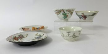 Chinese porcelain, three tea bowls and two dishes, various marks.