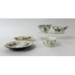 Chinese porcelain, three tea bowls and two dishes, various marks.