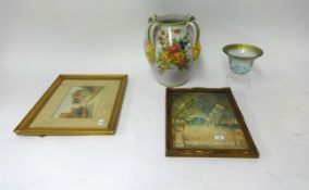 A continental pottery four handled vase, unusual short glass candlesticks, Booths willow patterned