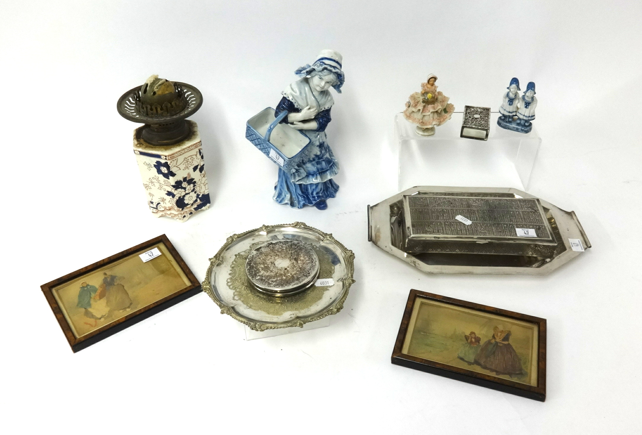 Silver plated wares, small porcelain figures, Masons oil lamp and antique small pictures.