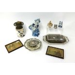 Silver plated wares, small porcelain figures, Masons oil lamp and antique small pictures.