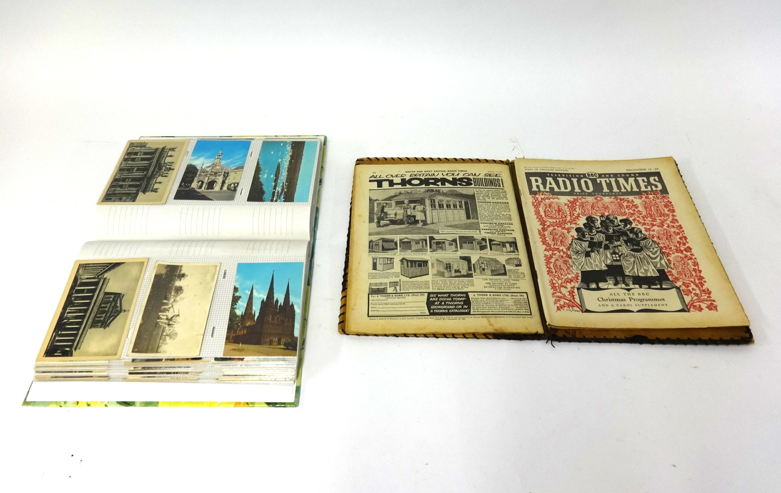 A collection of 280 assorted postcards in album together with a 1958 and 1962 copies of Radio