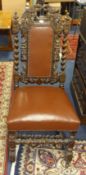 A set of four Victorian carved oak and barley twist dining chairs (faults).