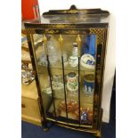 A glass display cabinet with oriental lacquered decoration together with a similar occasional