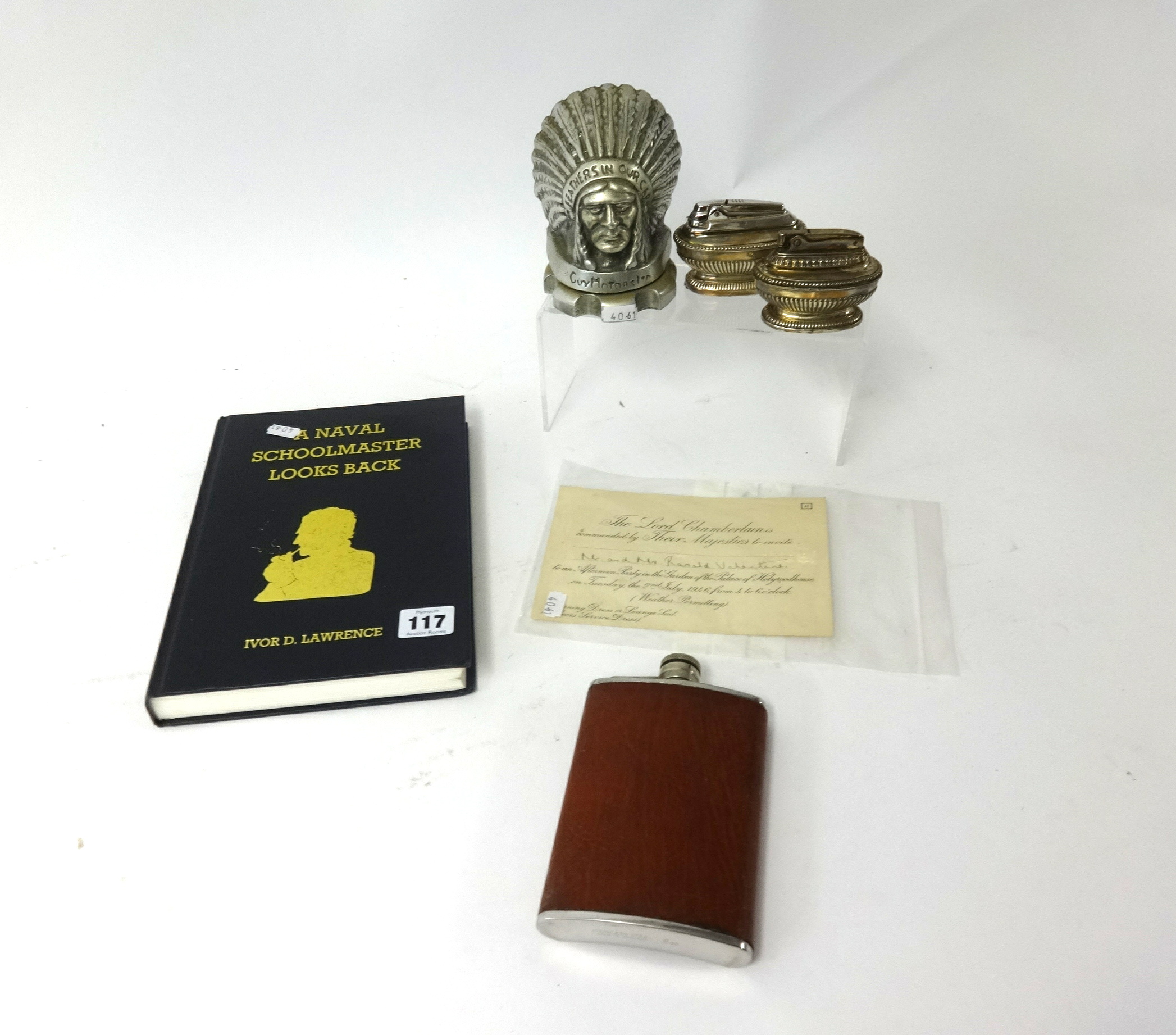 A 19th Century lacquered snuff box, 'Feathers in your Cap' radiator cap, miniature photo flash