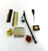 Various items, two oriental snuff bottles, two pipes, miniature table clock, enamel glue pot etc.