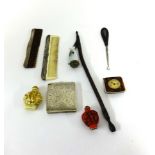 Various items, two oriental snuff bottles, two pipes, miniature table clock, enamel glue pot etc.