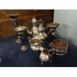 Various silver plated tea wares, coasters and vases (9)