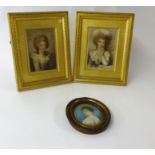 A miniature portrait of a lady, watercolour and pair of 19th Century portrait prints in gilt