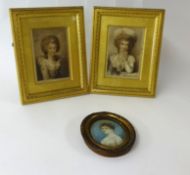 A miniature portrait of a lady, watercolour and pair of 19th Century portrait prints in gilt