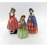 Three Royal Doulton early figures, HN728 Victorian lady, HN1666 Miss Winsone and HN1340 Priscilla (