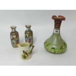 A pair of Cantonese porcelain vases, height 15cm (faults), Worcester porcelain bird decorated jug