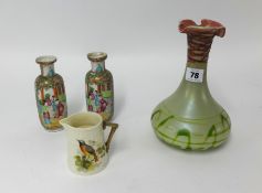 A pair of Cantonese porcelain vases, height 15cm (faults), Worcester porcelain bird decorated jug