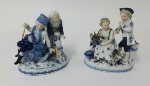 A pair of continental porcelain figure groups of children, under glaze mark JR, height 16cm.