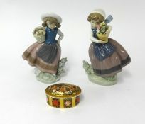A pair of Lladro figures of girls with baskets, height 18cm together with a Royal Crown Derby box