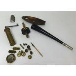 Various collectables including antique mortice gauge, copper tray set with compass, military buttons