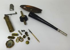 Various collectables including antique mortice gauge, copper tray set with compass, military buttons