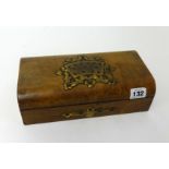 A Victorian walnut card box applied with brass card decoration, approx 25cm x 14cm.