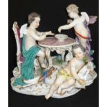 A 19th Century porcelain Meissen style group, modelled with Cupid standing blindfolded taking a