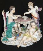 A 19th Century porcelain Meissen style group, modelled with Cupid standing blindfolded taking a