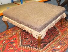 A large upholstered square stool on cabriole legs, approx 100cm x 100xm.