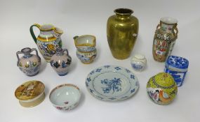 Various chinaware's including Oriental porcelain vase, pot lid, tin glaze plate, continental pottery