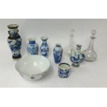 A Victorian glass decanter and two others, various ornaments, Welsh teapot, Coalport cottage etc
