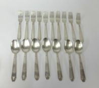 French silver plated flatware by Cailar & Bayard, comprising 11 table spoons and 10 dinner forks