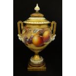 Worcester, twin handled porcelain vase and cover, hand painted fruit study, No.2363, signed P.