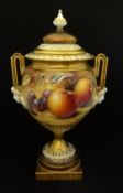 Worcester, twin handled porcelain vase and cover, hand painted fruit study, No.2363, signed P.