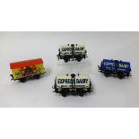 Four Ace trains modern vintage style 0 gauge wagons, tanker set (three 'Express Diary' two cream,